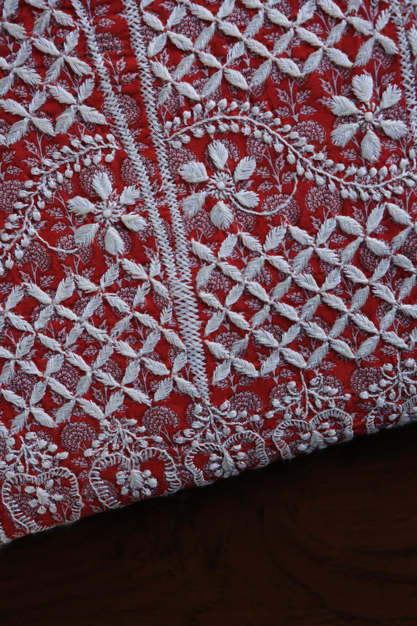 Red Floral Cotton Kurta Fabric with Chikankari Embroidered Neckline