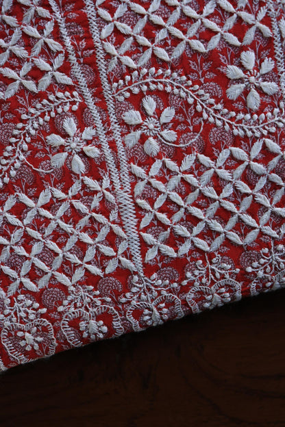 Red Floral Cotton Kurta Fabric with Chikankari Embroidered Neckline