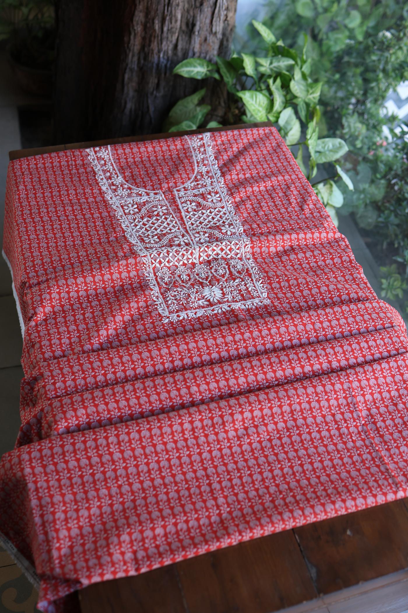 Red Floral Cotton Kurta Fabric with Chikankari Embroidered Neckline