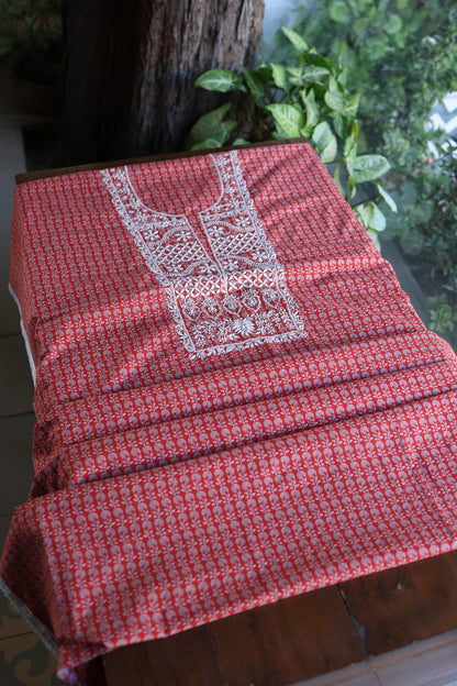 Red Floral Cotton Kurta Fabric with Chikankari Embroidered Neckline