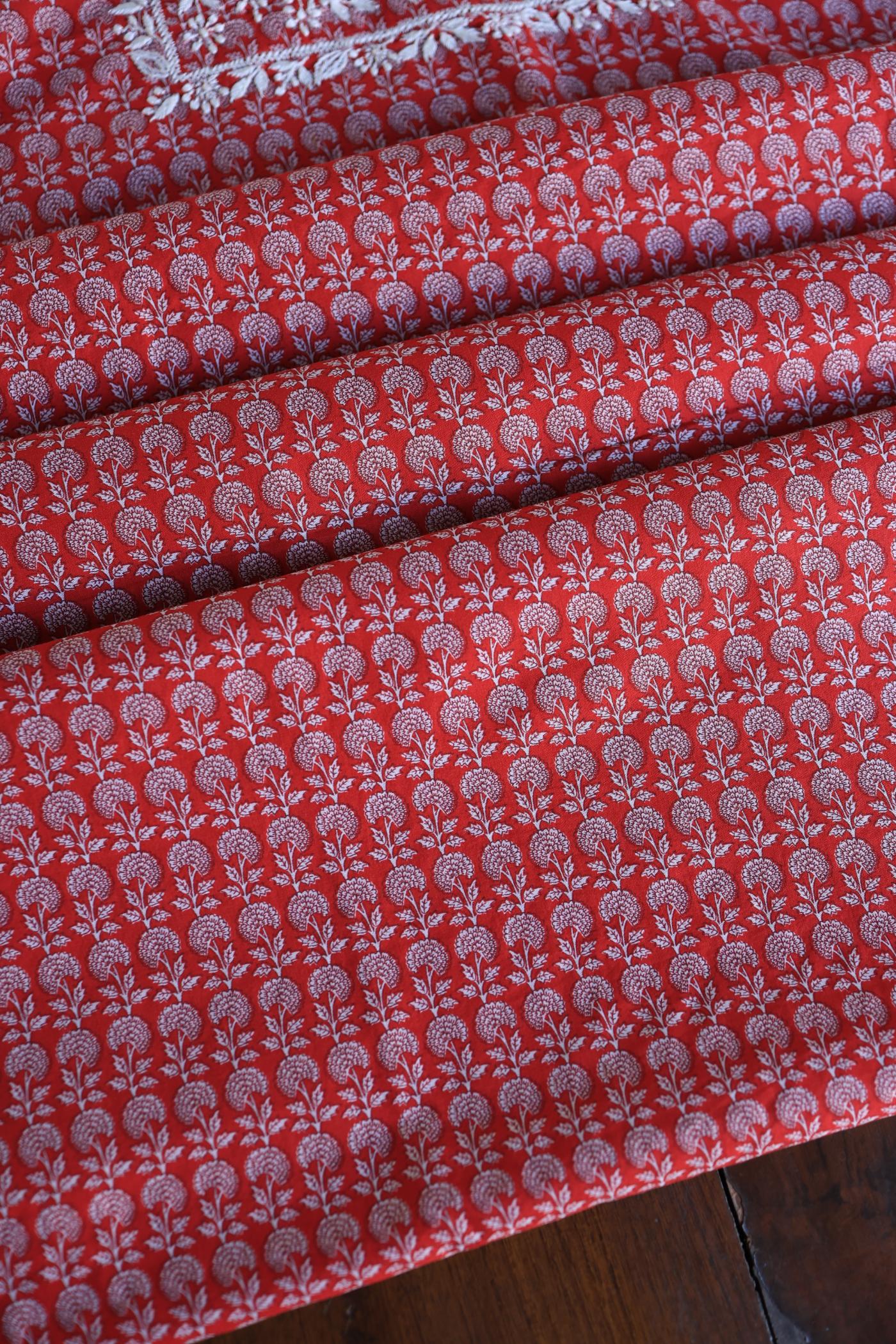 Red Floral Cotton Kurta Fabric with Chikankari Embroidered Neckline