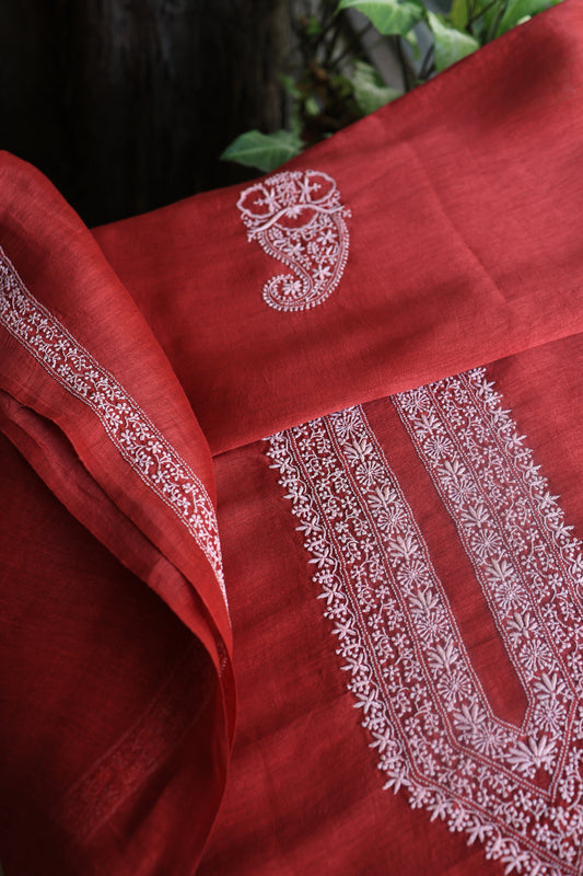 Red Linen Chikankari Unstitched Men's Kurtas Fabric