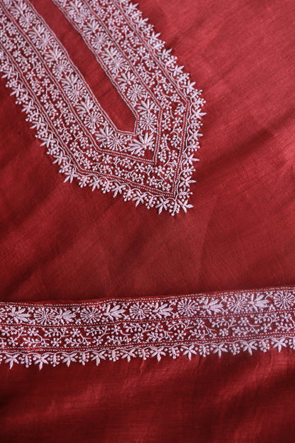 Red Linen Chikankari Unstitched Men's Kurtas Fabric