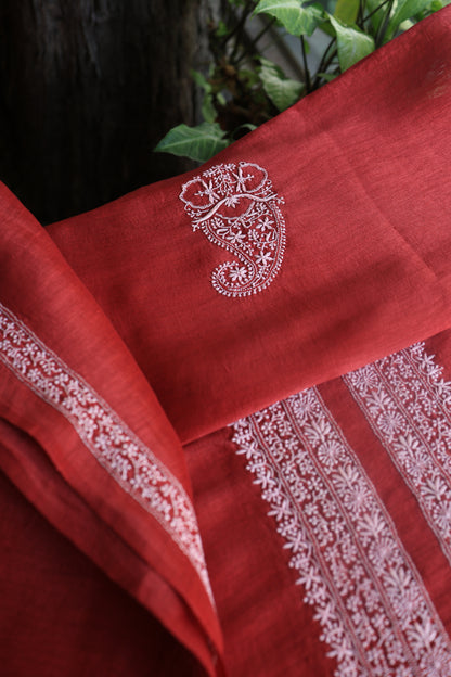 Red Linen Chikankari Unstitched Men's Kurtas Fabric
