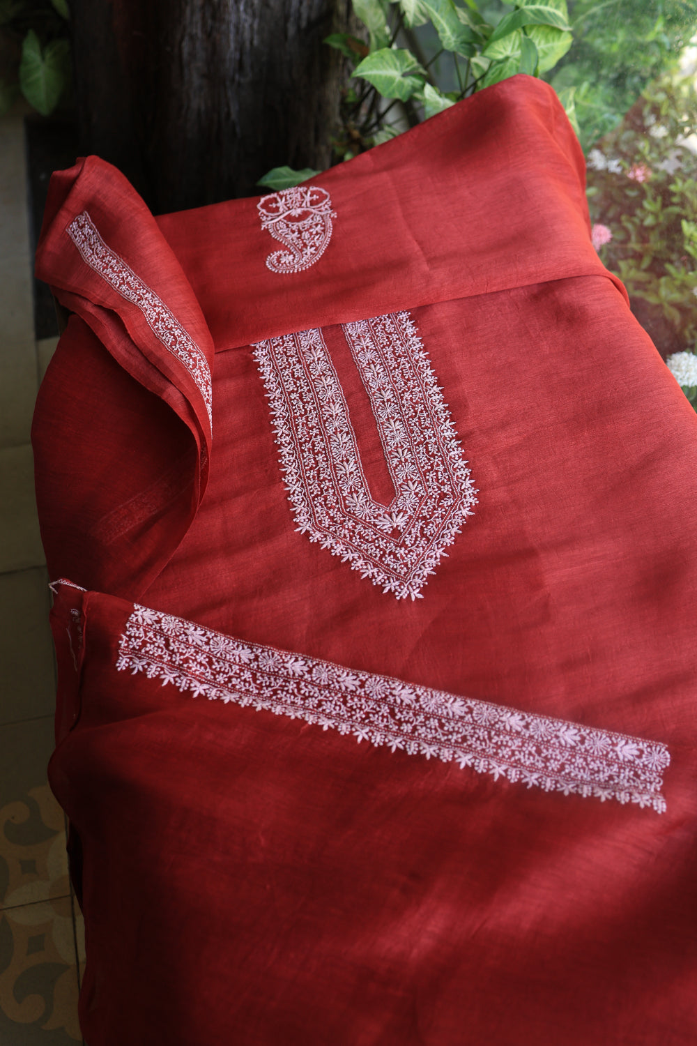 Red Linen Chikankari Unstitched Men's Kurtas Fabric
