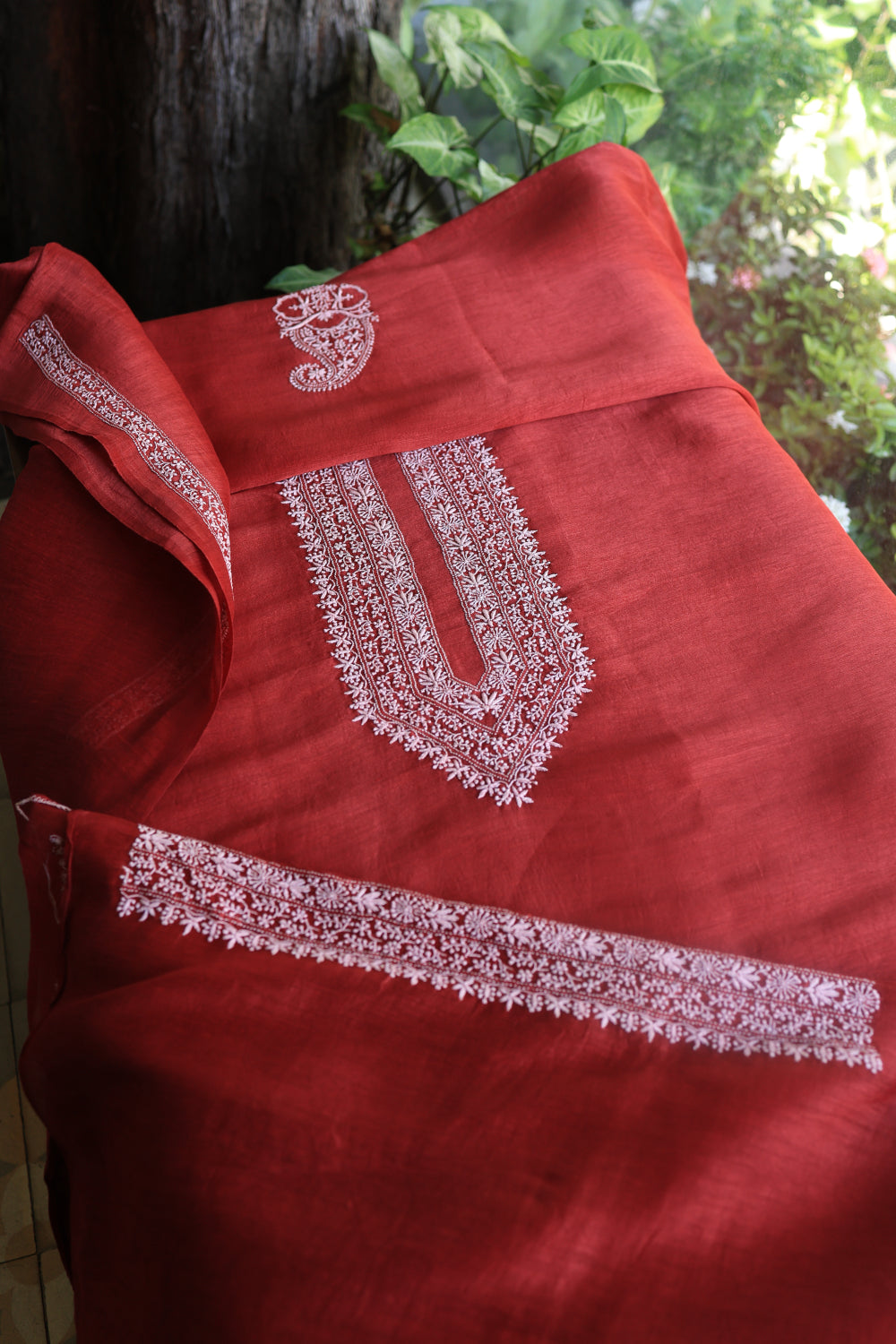 Red Linen Chikankari Unstitched Men's Kurtas Fabric