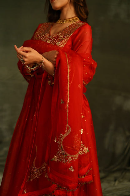 Red & Purple Maheshwari Silk Awadhi Zardosi Kurta Set
