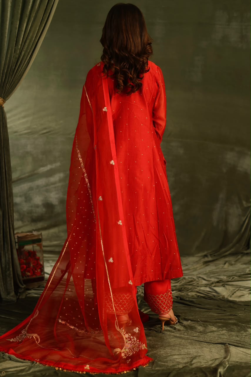 Red & Purple Maheshwari Silk Awadhi Zardosi Kurta Set