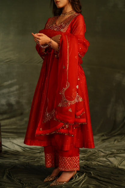 Red & Purple Maheshwari Silk Awadhi Zardosi Kurta Set
