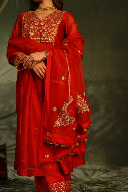 Red & Purple Maheshwari Silk Awadhi Zardosi Kurta Set