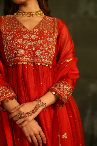 Red & Purple Maheshwari Silk Awadhi Zardosi Kurta Set