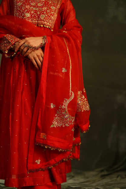 Red & Purple Maheshwari Silk Awadhi Zardosi Kurta Set
