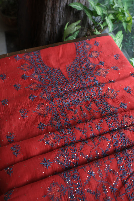 Red Mal Cotton Fine Chikankari With Kamdani Work Unstitched Fabric