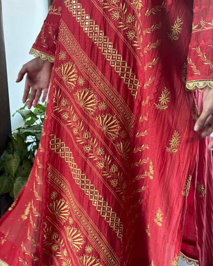 Malmal Mukaish Kamdani Chikankari Stitched Kurtas Dupatta Set
