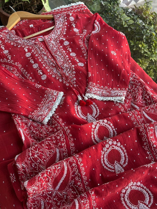 Red Malmal Pearl Work Chikankari Kurta With Dupatta