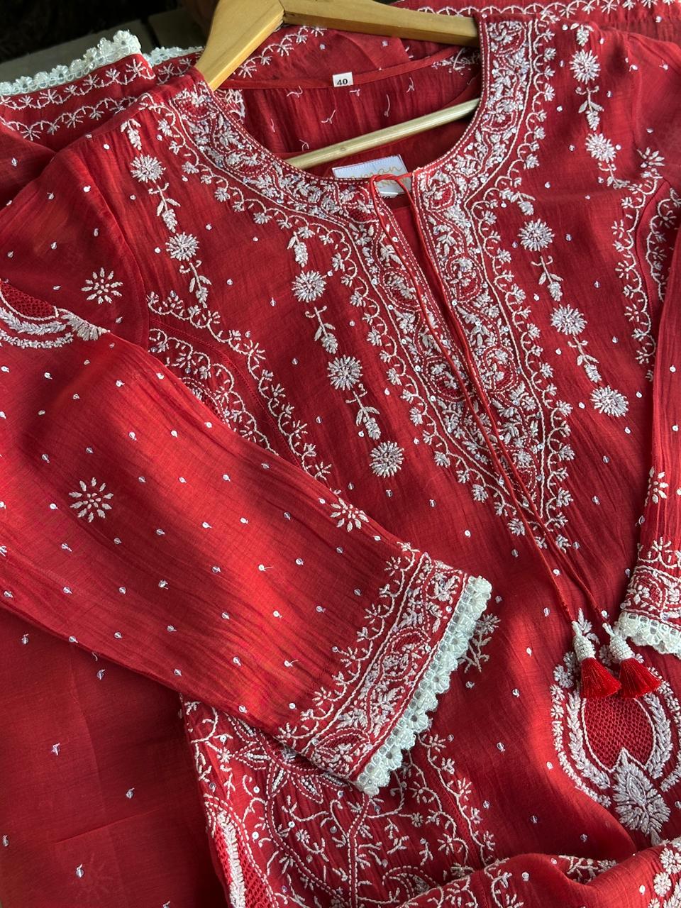 Red Malmal Pearl Work Chikankari Kurta With Dupatta
