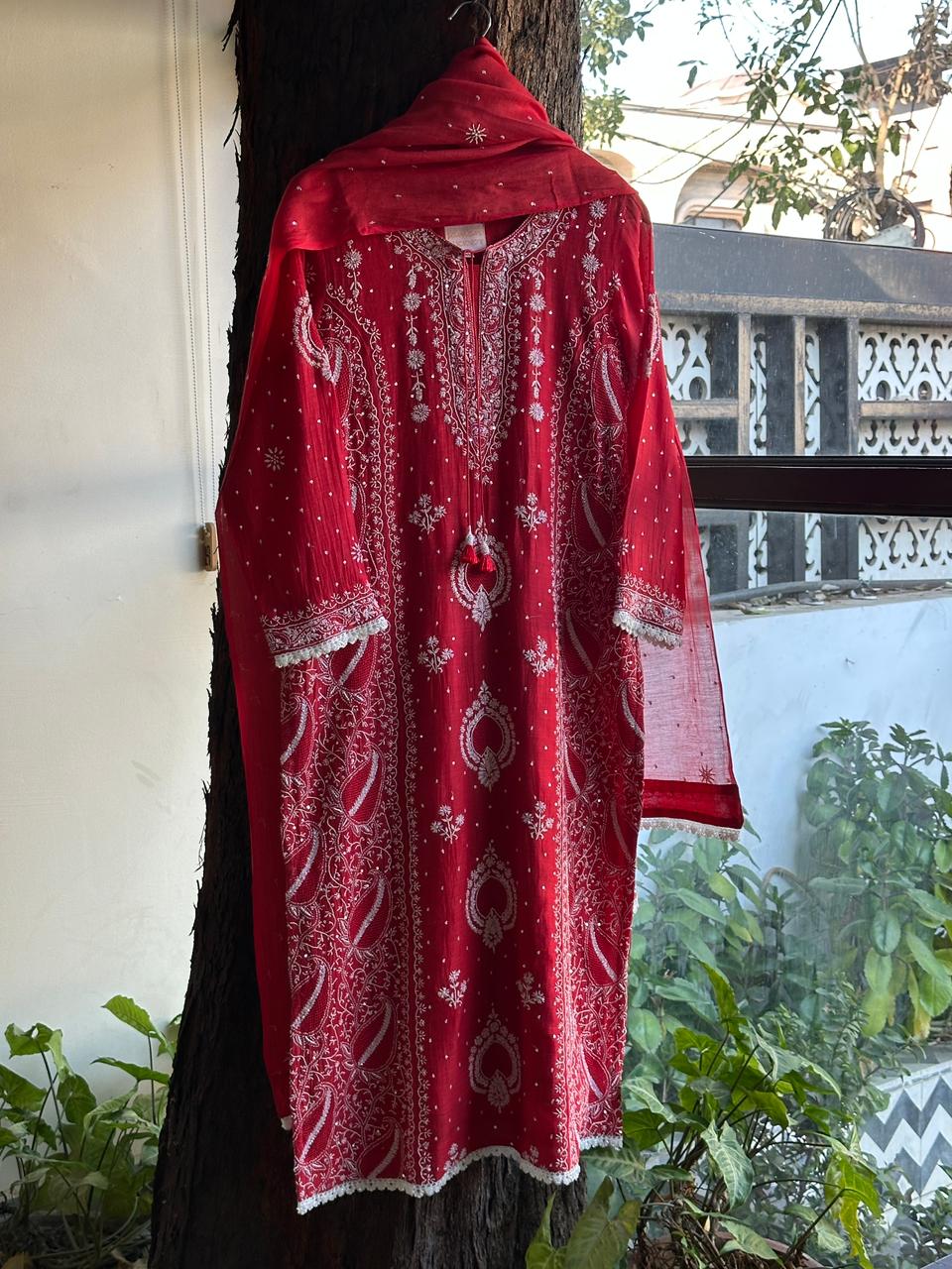 Red Malmal Pearl Work Chikankari Kurta With Dupatta