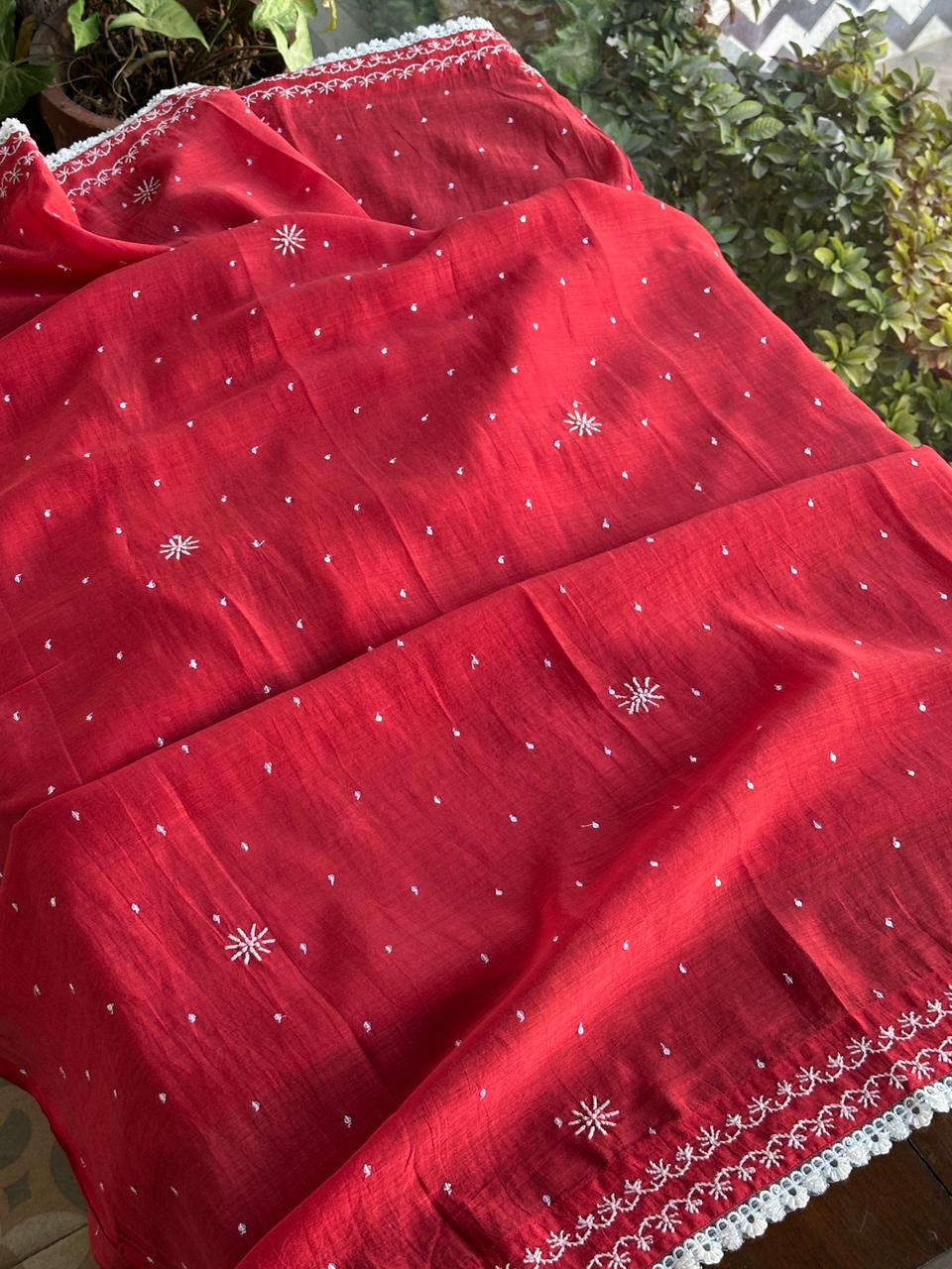 Red Malmal Pearl Work Chikankari Kurta With Dupatta