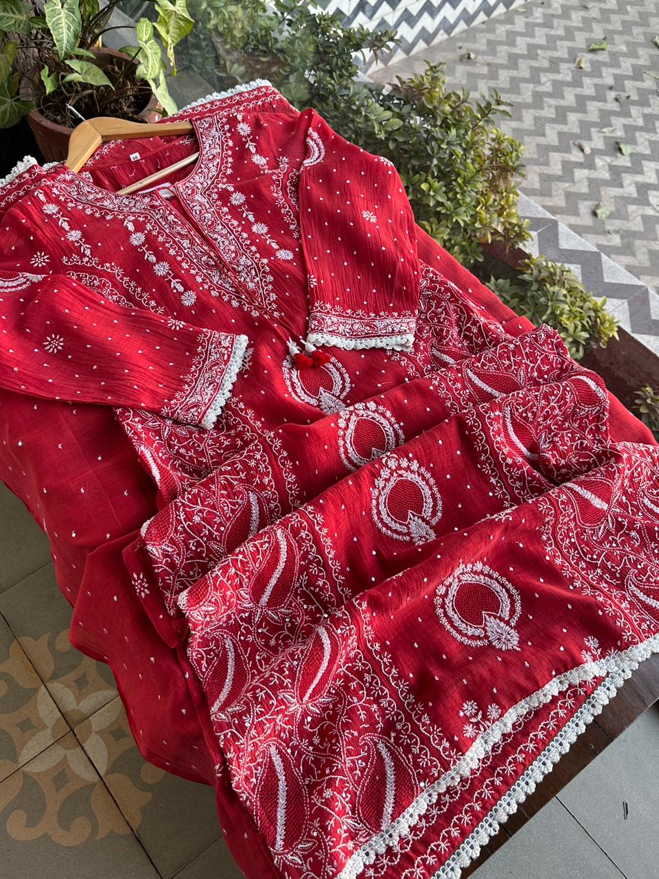 Red Malmal Pearl Work Chikankari Kurta With Dupatta