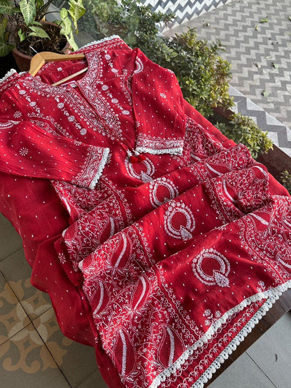 Red Malmal Pearl Work Chikankari Kurta With Dupatta