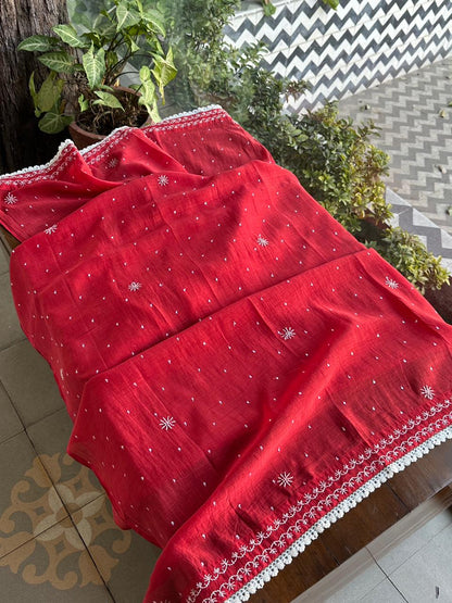 Red Malmal Pearl Work Chikankari Kurta With Dupatta