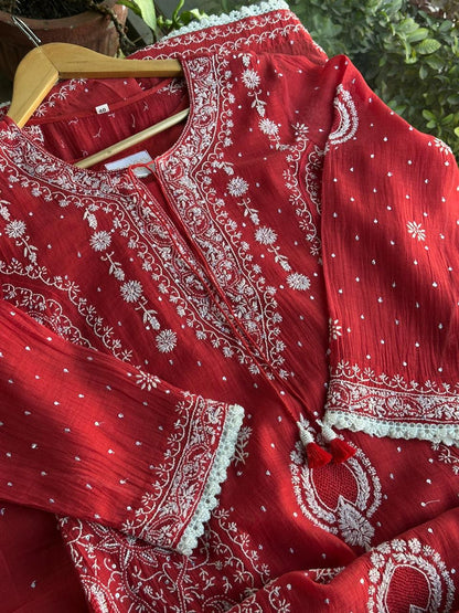 Red Malmal Pearl Work Chikankari Kurta With Dupatta