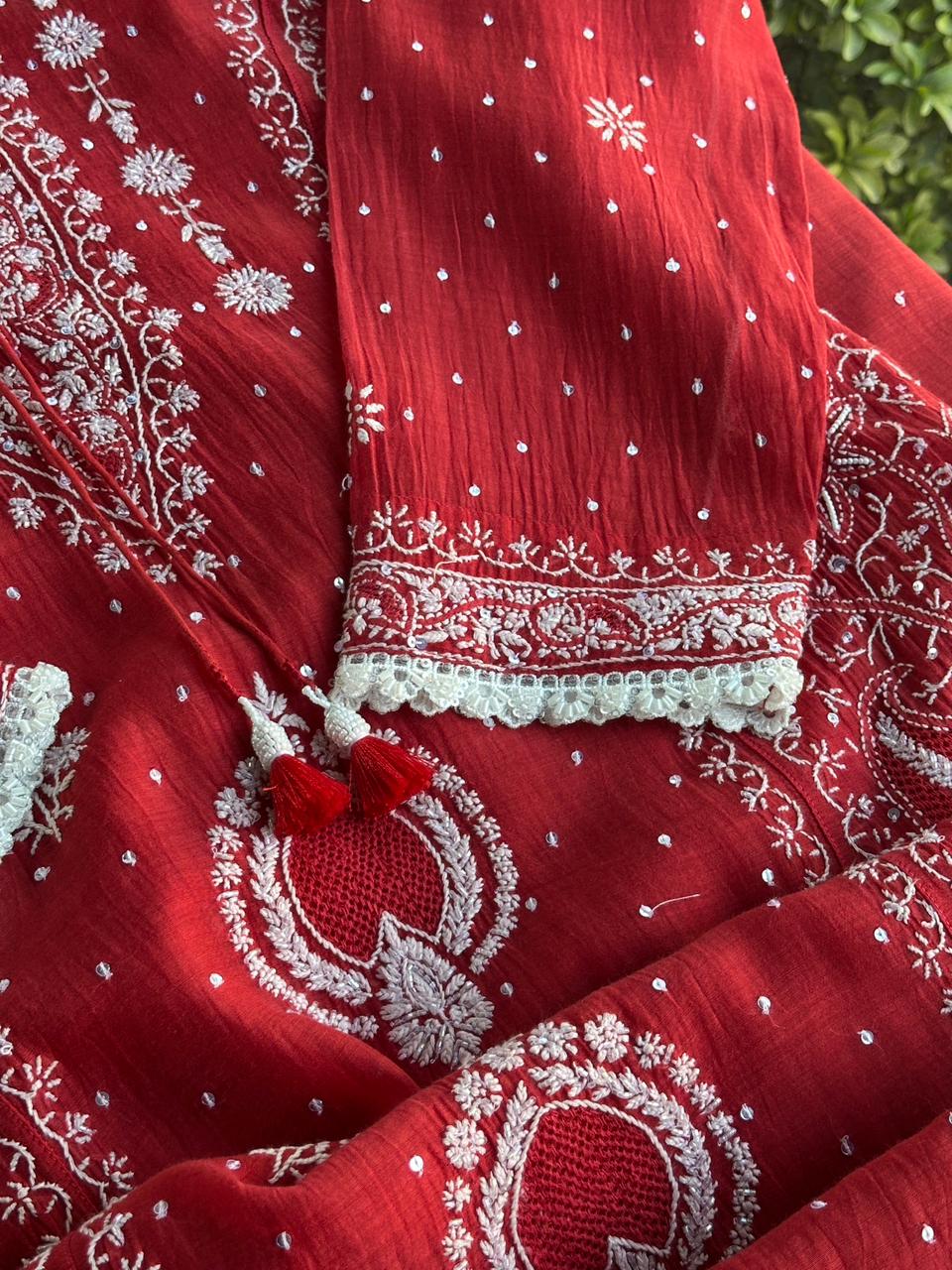 Red Malmal Pearl Work Chikankari Kurta With Dupatta