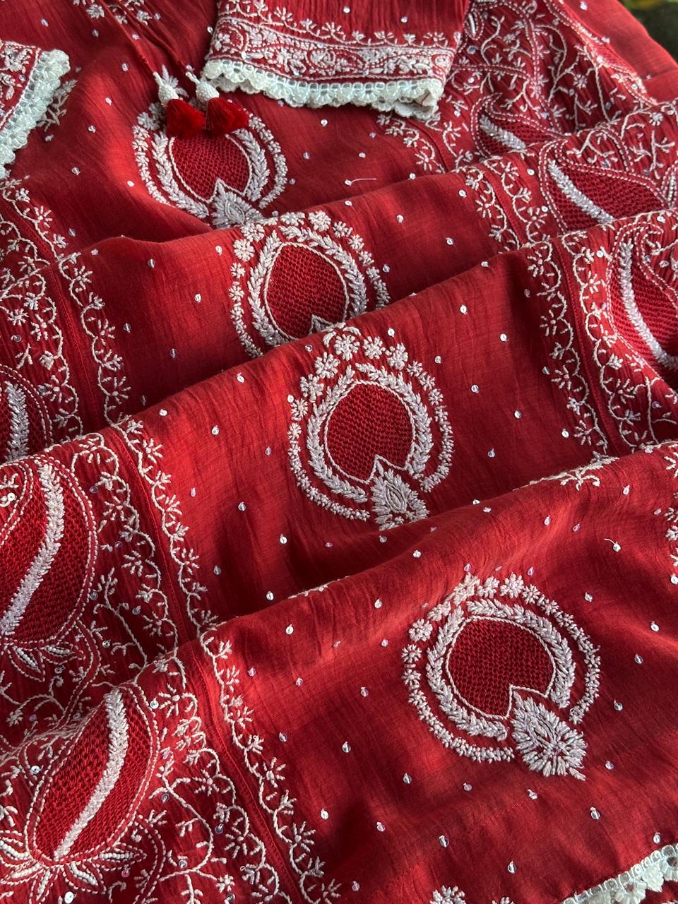 Red Malmal Pearl Work Chikankari Kurta With Dupatta