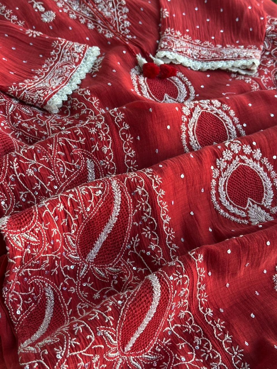 Red Malmal Pearl Work Chikankari Kurta With Dupatta