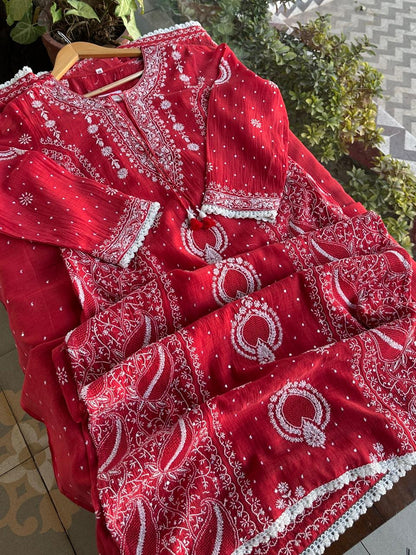 Red Malmal Pearl Work Chikankari Kurta With Dupatta