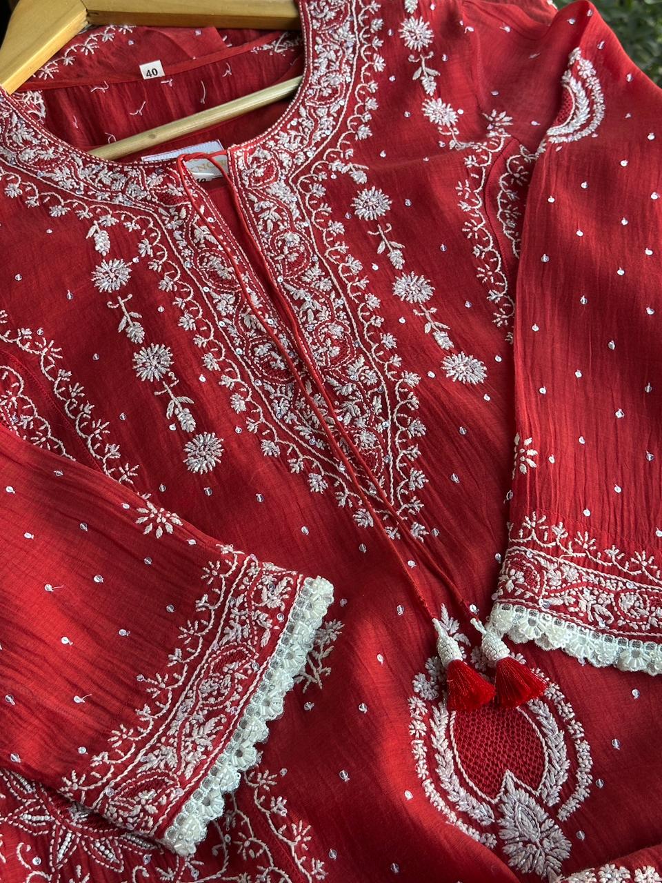 Red Malmal Pearl Work Chikankari Kurta With Dupatta