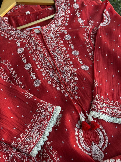 Red Malmal Pearl Work Chikankari Kurta With Dupatta