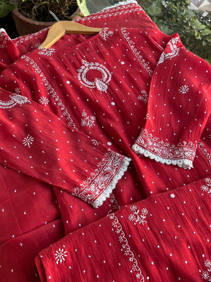 Red Malmal Pearl Work Chikankari Kurta With Dupatta