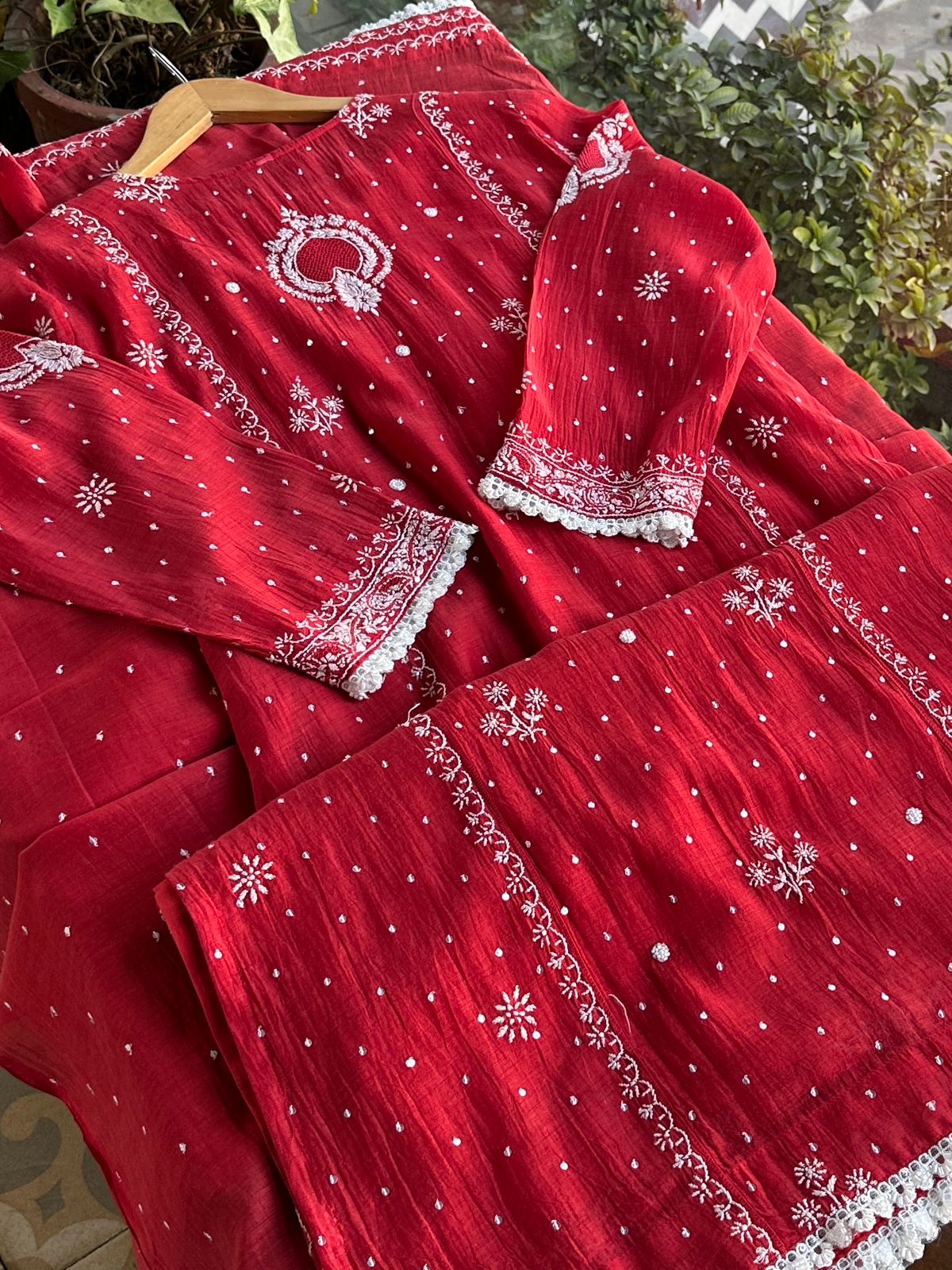 Red Malmal Pearl Work Chikankari Kurta With Dupatta