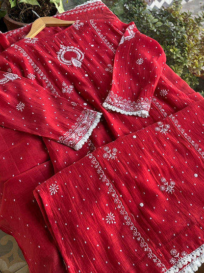 Red Malmal Pearl Work Chikankari Kurta With Dupatta