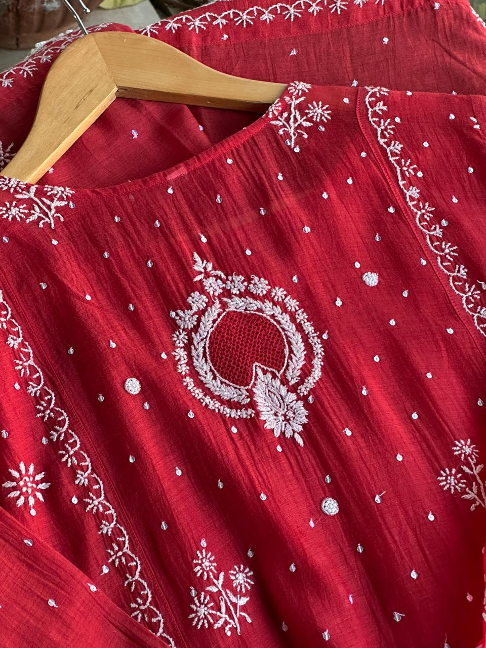 Red Malmal Pearl Work Chikankari Kurta With Dupatta