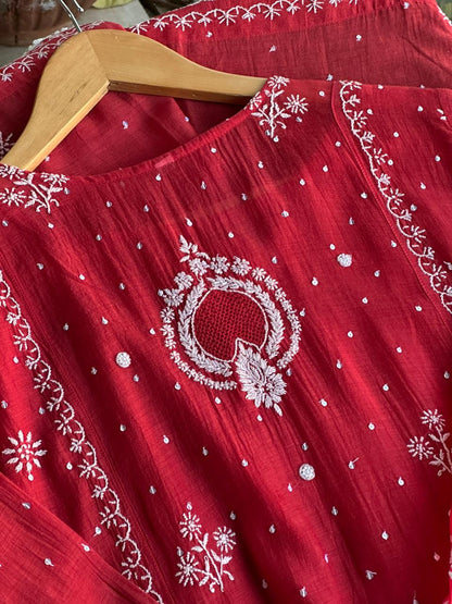 Red Malmal Pearl Work Chikankari Kurta With Dupatta