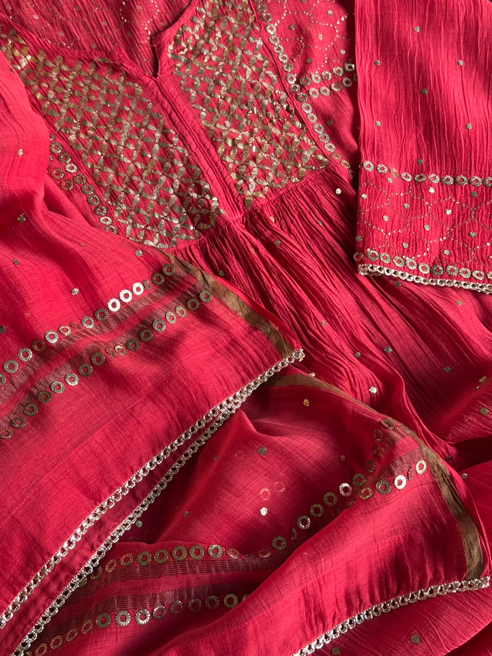 Red Mukaish Mul Chanderi Silk Dress