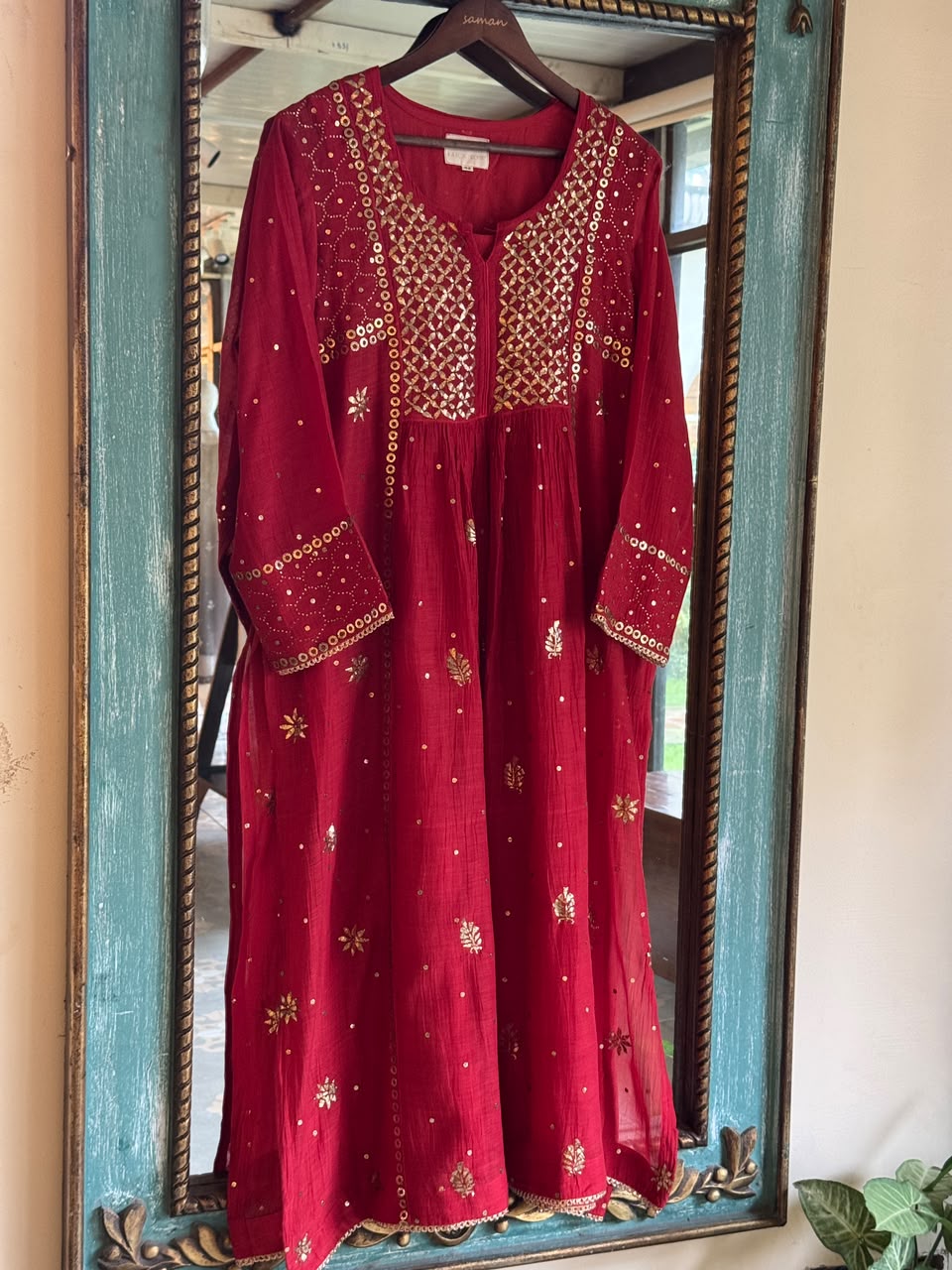 Red Mukaish Mul Chanderi Silk Dress