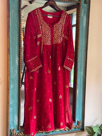 Red Mukaish Mul Chanderi Silk Dress