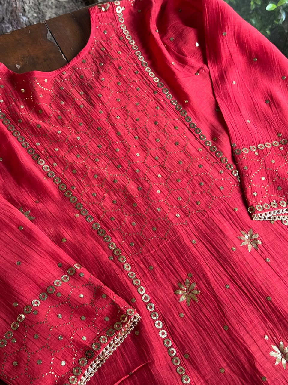 Red Mukaish Mul Chanderi Silk Dress