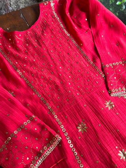 Red Mukaish Mul Chanderi Silk Dress