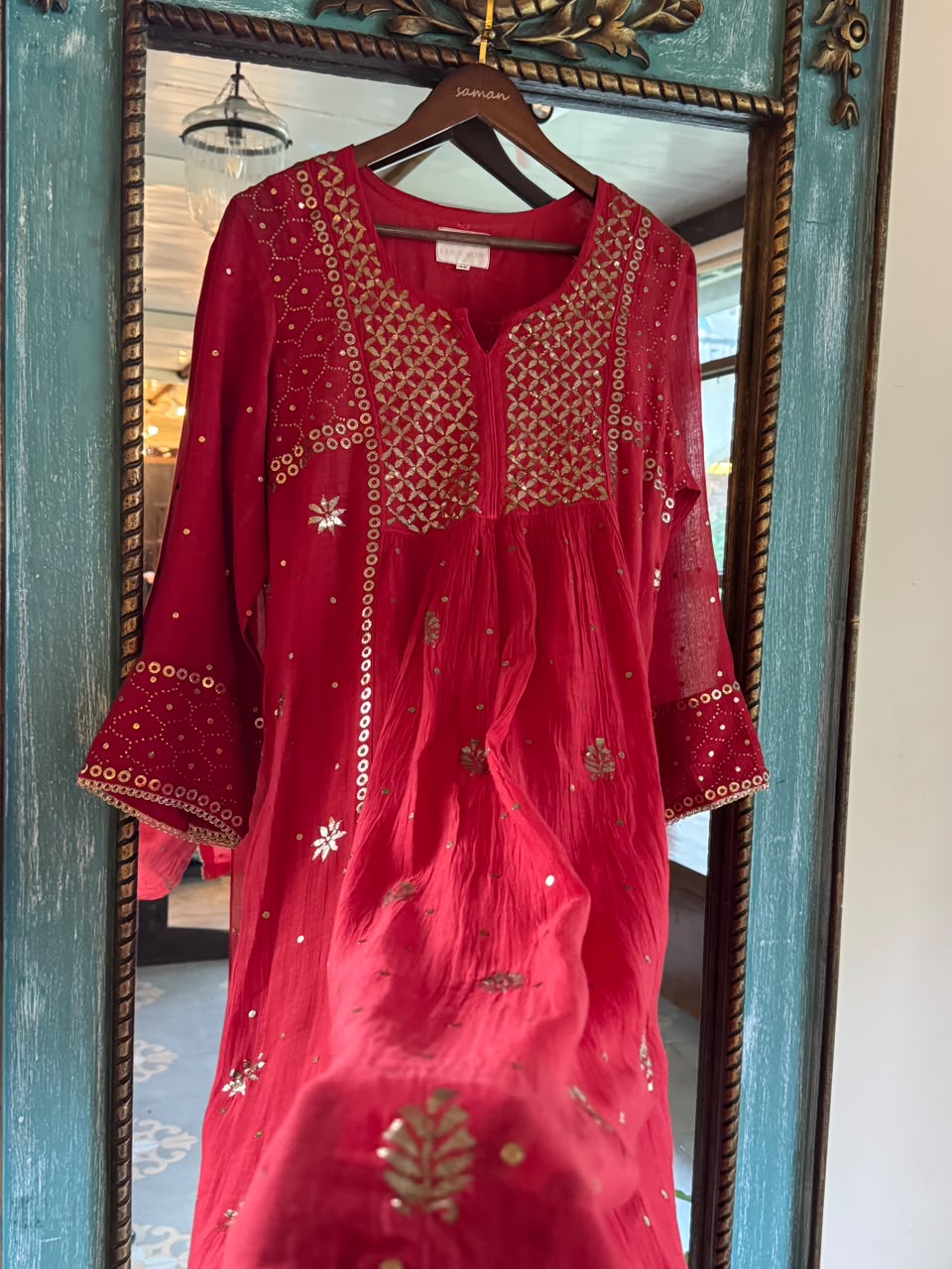 Red Mukaish Mul Chanderi Silk Dress