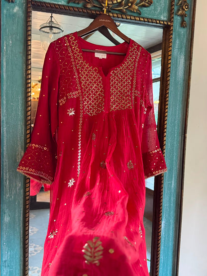 Red Mukaish Mul Chanderi Silk Dress