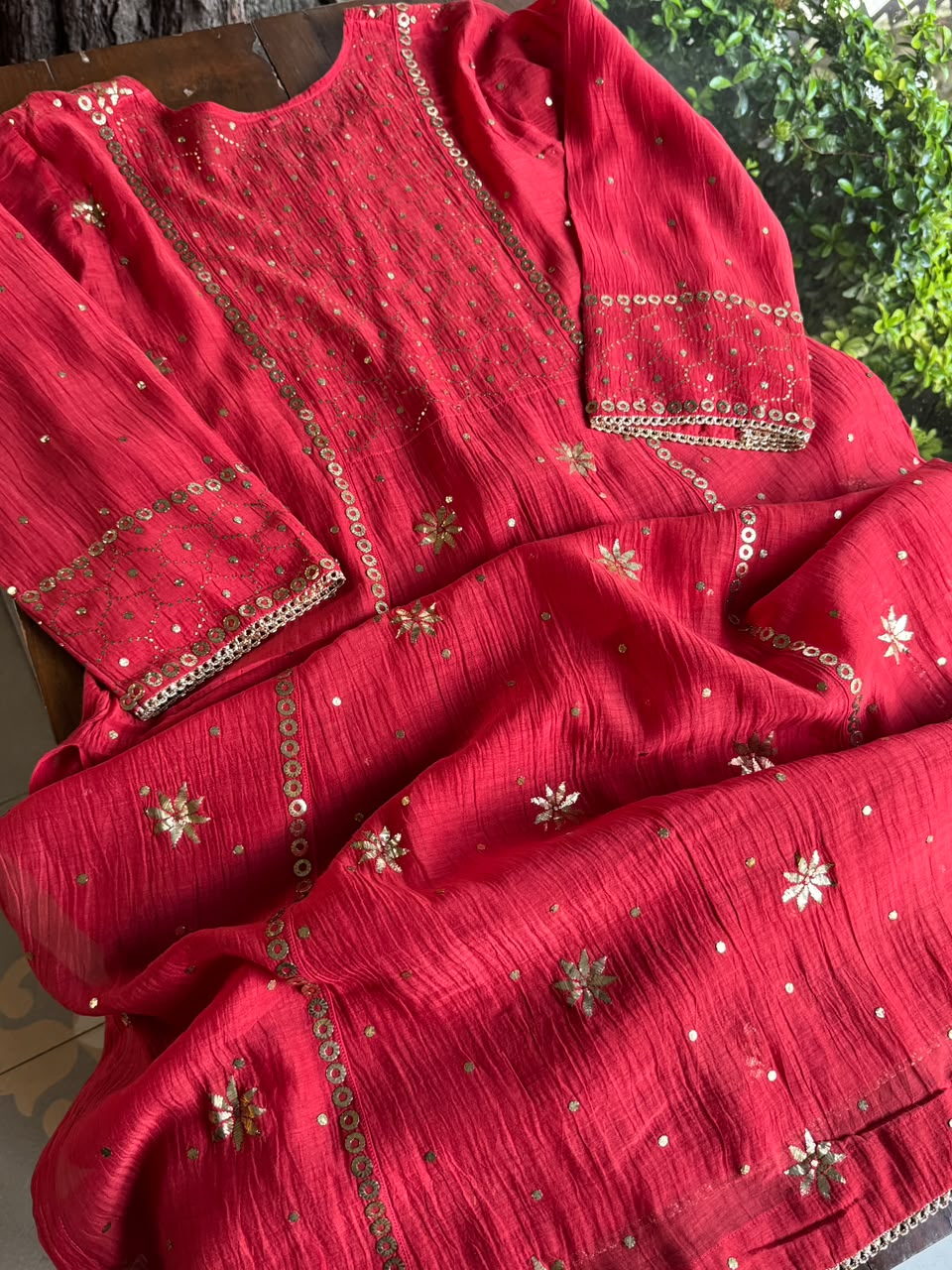 Red Mukaish Mul Chanderi Silk Dress