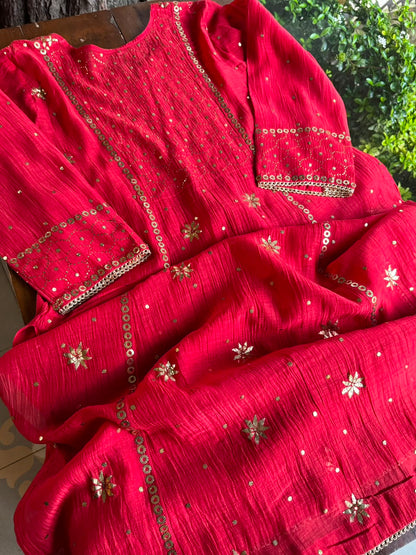 Red Mukaish Mul Chanderi Silk Dress