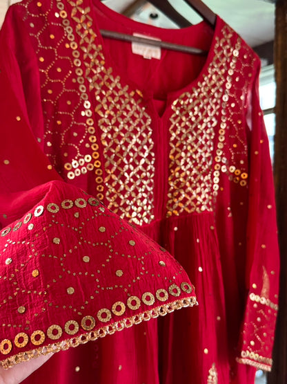 Red Mukaish Mul Chanderi Silk Dress