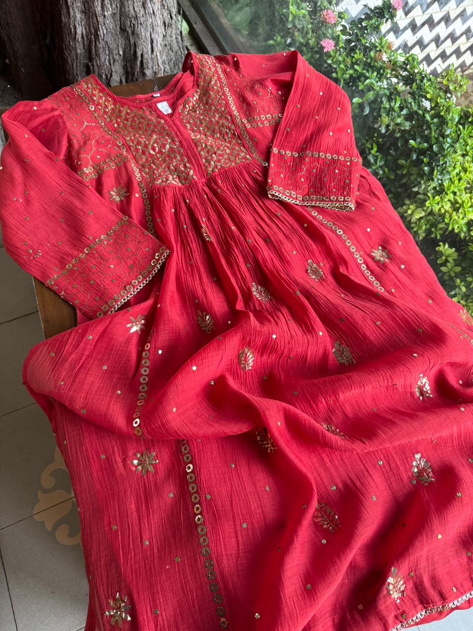 Red Mukaish Mul Chanderi Silk Dress