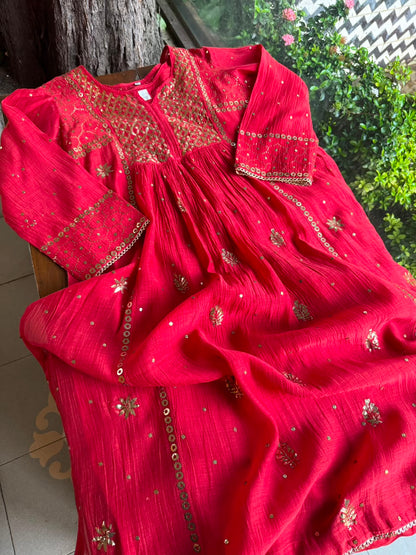 Red Mukaish Mul Chanderi Silk Dress