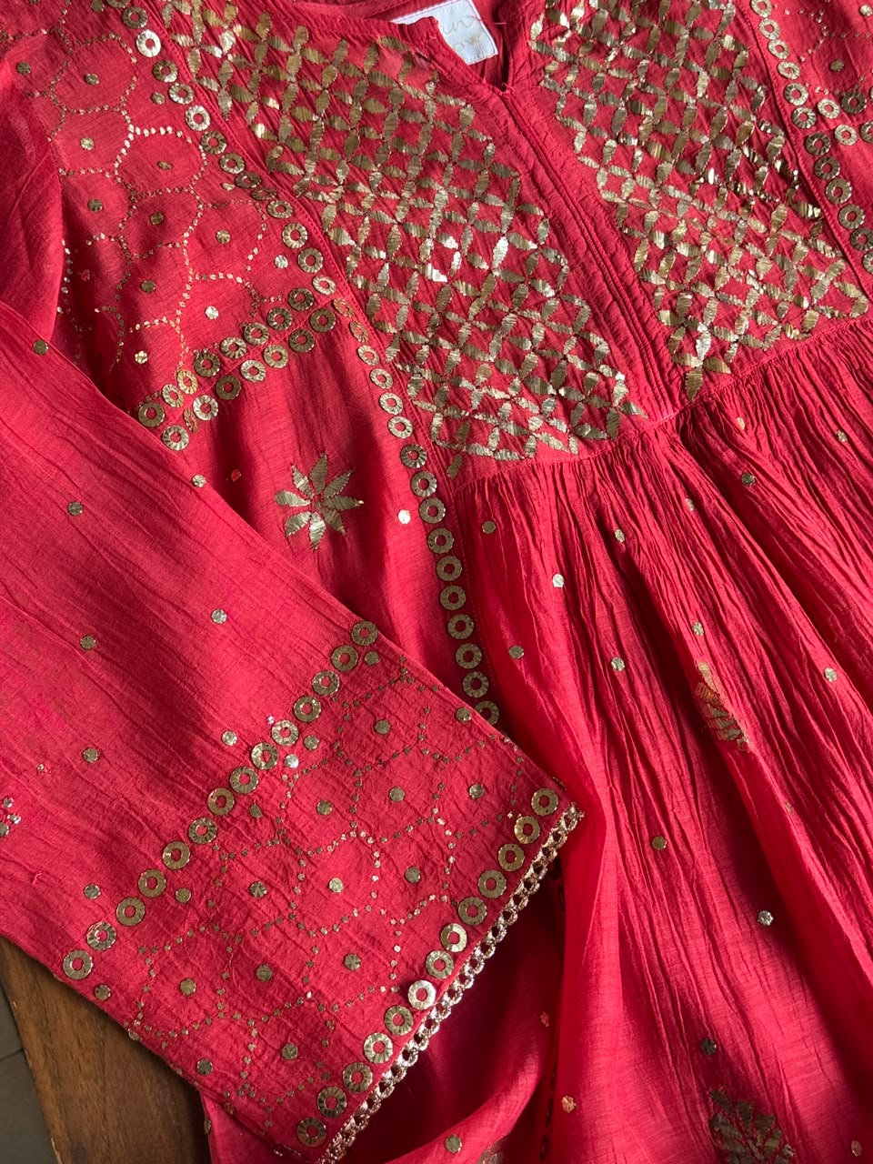 Red Mukaish Mul Chanderi Silk Dress